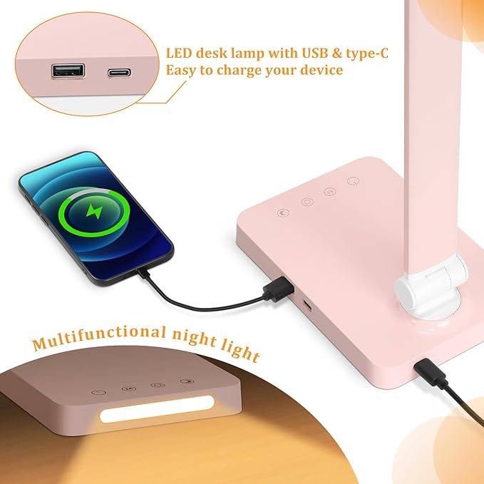 LED Desk Lamp with USB Ports,Touch Desk Lamps for Home Office with 5 Color Modes,3 Brightness Desk Light with Small Night Light,Reading Lamp Table Lamp for Bedroom Bedside Study Pink （with adapter）