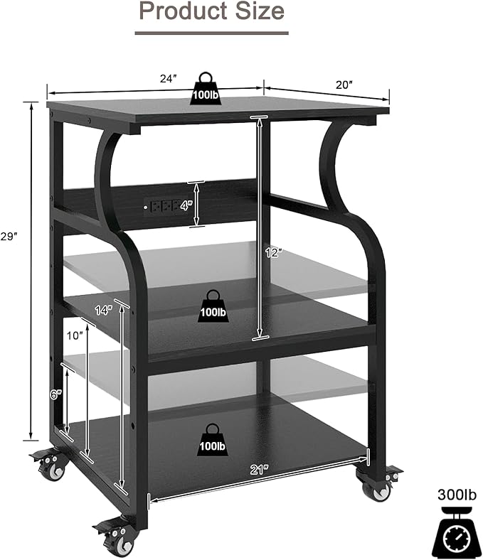 Natwind Large Printer Stand,24''x20''x29''Printer Table with Adjustable Storage Shelf,3 Tier Rolling Printer Cart with Wheels,Home Office Multifunctional Shelves for Heat Press,3D Printer (Black)