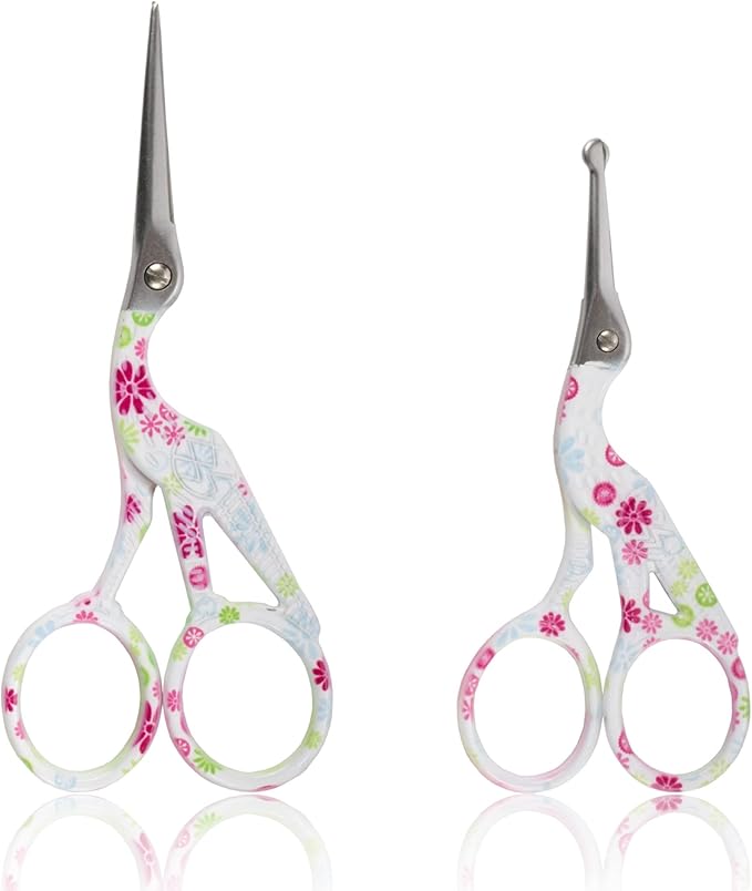 Stork Bird Rounded Safety Tip Embroidery Craft Stainless Steel Crane Scissors - White - 2 Pairs
