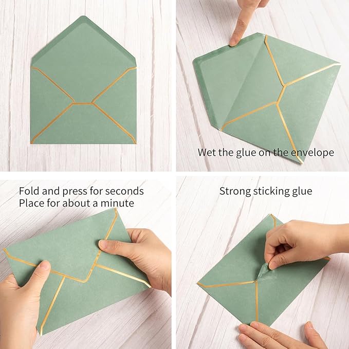 50 Pack A6 Envelopes Sage Green 4x6 Self-Adhesive V Flap Envelopes with Gold Border for Office, Greeting Card, Wedding, Graduation, Baby Shower, Parties, Invitations (Sage Green, 4x6)