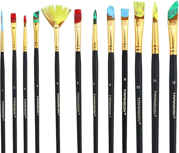 Transon Art Painting Brush Assorted Set of 12 for Acrylic Watercolor Gouache Hobby Painting