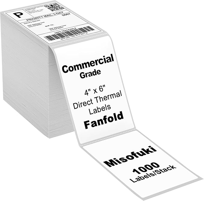 Misofuki 4x6 1 Stack 1000 Labels Fanfold Direct Thermal Shipping Labels Compatible with Rollo, MUNBYN, Zebra, Fargo Label Printer, Permanent Adhesive White Commercial Grade Labels for Thermal Printers