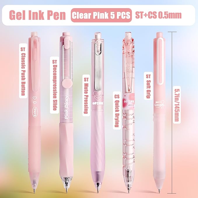5 Count Pastel Gel Ink Pen Set,Cute Note Taking 0.5mm Fine Point Retractable 5 Count Black Ink Pens for Writing, Journaling, School, Office (Light Pink Clear)