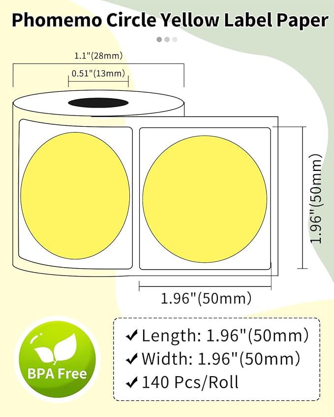 Phomemo Circle Sticker Label Compatible with M110/M100/M220/M250/M120/M150/M200 Label Maker, Round Thermal Label, 1.96" x 1.96"(50x50 mm), Black on Yellow