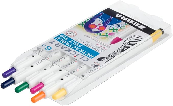 Zebra Pen ClickArt Retractable Marker Pen, Fine Point, 0.6mm, Assorted Tie-Dye Colors, 6-Pack, Model Number: 69106