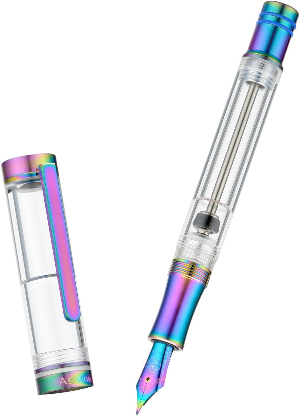 Asvine V200 Titanium Fountain Pen Vacuum Filling, Rainbow Bock Fine Nib Transparent Acrylic Smooth Writing Pen Case Set
