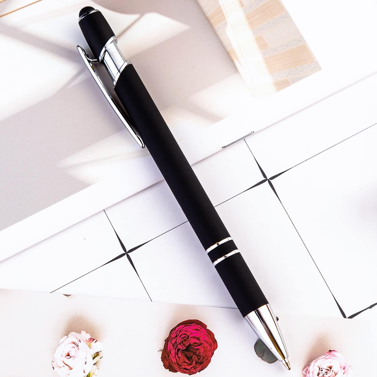 PASISIBICK 8 Pack Black Ballpoint Pens 2-in-1 Stylus Retractable Metal Stylus Pen for Touch Screens with Stylus tip, 1.0 mm Black Ink