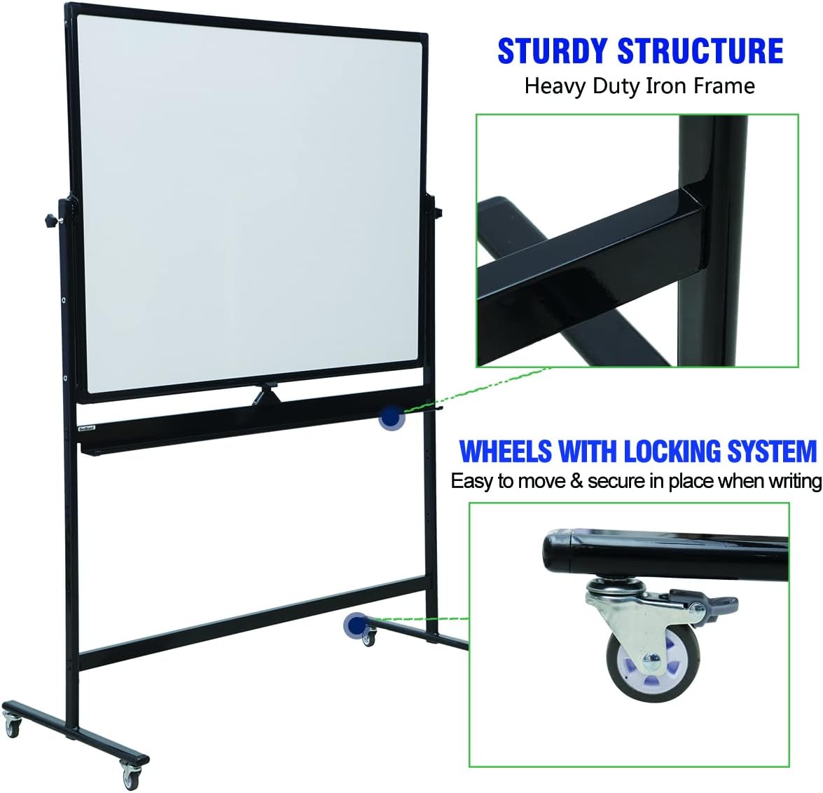 72" x 48" Double-Sided Mobile Whiteboard with Stand, Extra Large Rolling Magnetic Dry Erase Board, Reversible Black Frame Whiteboard for Office, Classroom, Heavy-Duty Presentation Easel
