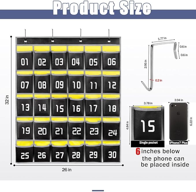 Loghot Numbered Classroom Sundries Closet Pocket Chart for Cell Phones Holder Wall Door Hanging Organizer (30 Pockets Black)