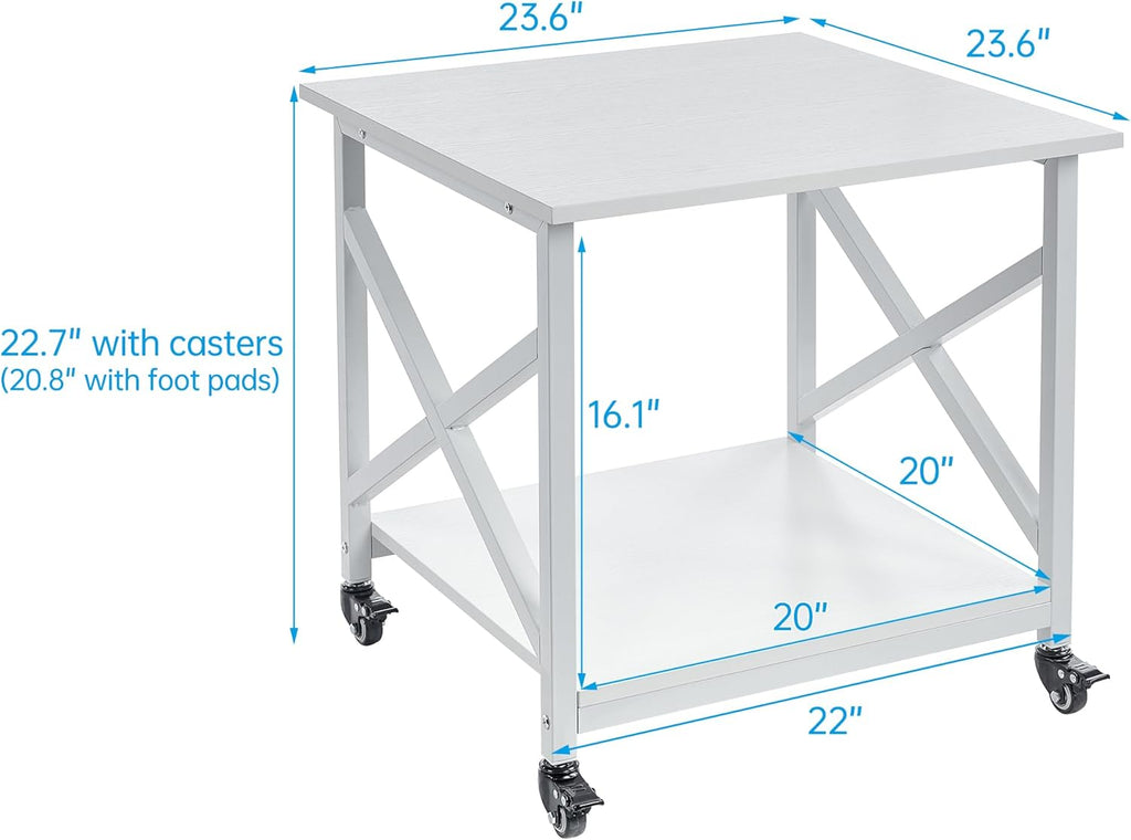 23.6 x 23.6 Inches Large Printer Stand, 2 Tier Square Printer Table with Storage Shelf for Home Office, Multi-use Rolling Cart with Wheels for Laser, 3D Printer and Mini Fridge - White