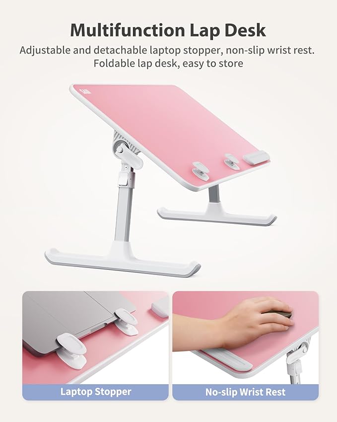 SAIJI Height & Angle Adjustable Laptop Stand, Lap Desk Bed Tray Table, Light Weight Foldable Portable Laptop Table for Couch, Sofa, Chair, Floor Desk for Adults, Kids (Pink)