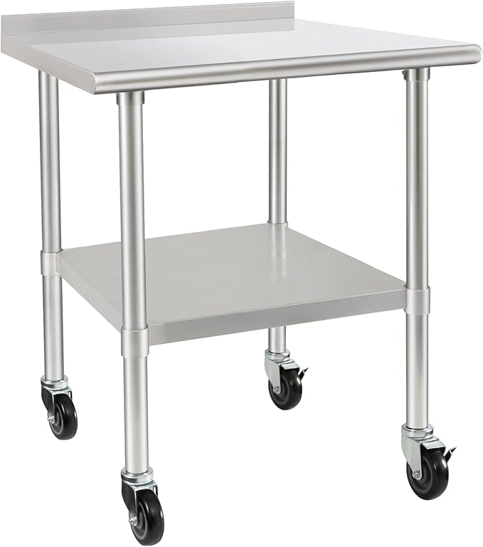 HARDURA Stainless Steel Table 30 x 36 Inches with Wheels Casters NSF Heavy Duty Commercial Prep Table with 2” Backsplash and Adjustable Undershelf for Restaurant Kitchen Home and Hotel