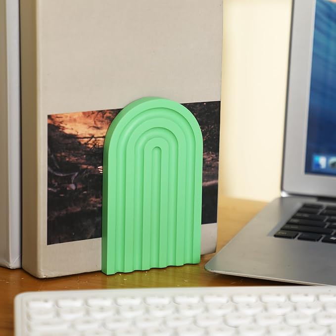 Harloon 4 Pieces Boho Arch Wood Bookends Rainbow Arch Back to School Gift Ideas Non Skid Bookend Decorative Wooden Book Stand Book Stoppers for Books Movies CDs (Green Color)