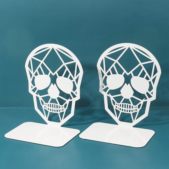 Metal Skull Design White Bookend - Heavy-Duty Bookends for Shelves, Skull Book Ends for Heavy Books, Book Shelf Holder Home Office Decorative Desktop Organizer (1 Pair-White)