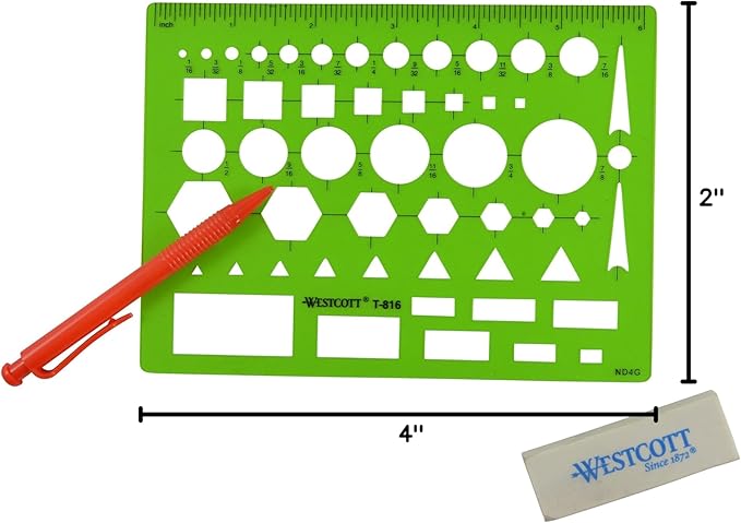 Westcott T-816 All-Purpose Technical Drawing Template, Plastic Shape Template Tool, Green, 4.5 by 6 in