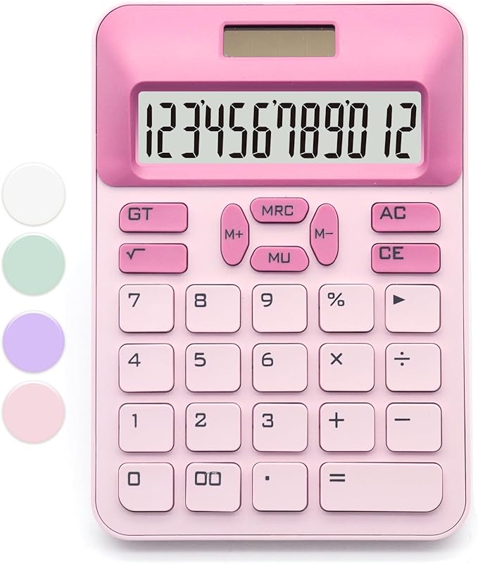 Pink Calculator, Standard Calculator,Basic Office Calculator with 12 Digit LCD Display,Pink Office Supplies,Cute Calculator for Office, Home, School,Shop
