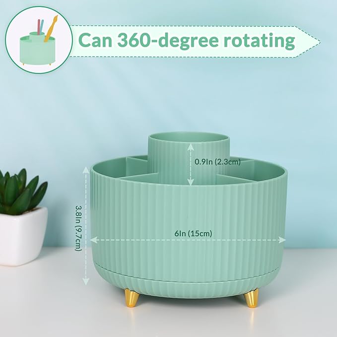 SKYDUE 360 Degree Rotating Desk Organizer, Dual-Purpose Pencil Pen Holder for Desktop, Rotating Desk Pen Organizer with 5 Slots, Pencil Cup for School, Home, Office Supplies (Bean Green)