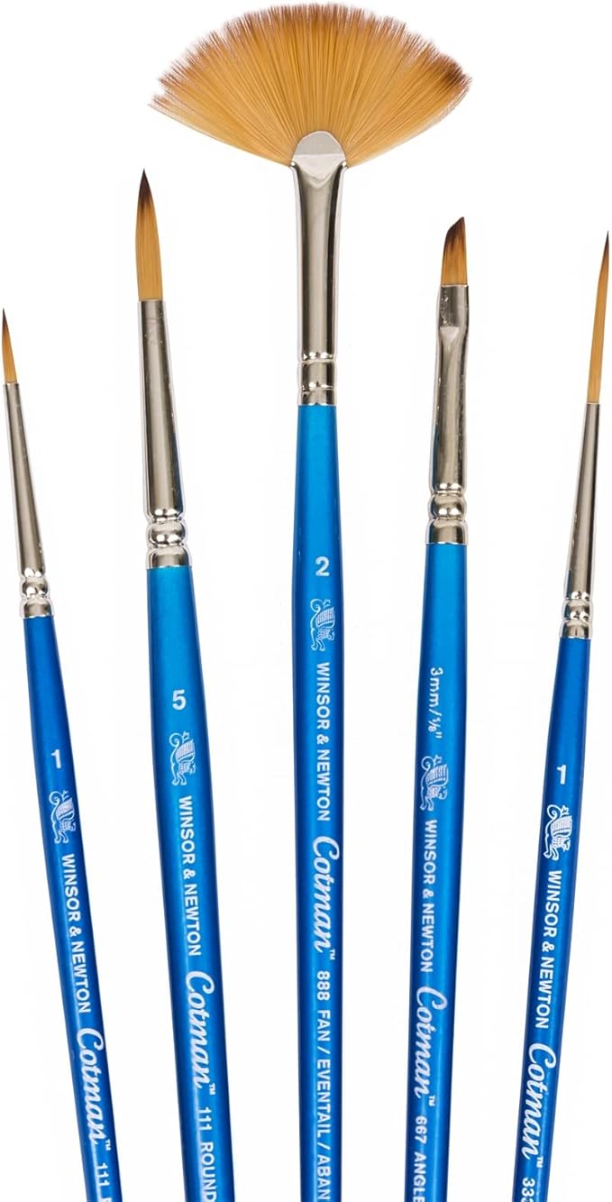 Winsor & Newton Cotman Short Handle Brushes, Set of 5, (Round 1 & 5, Rigger 3, Angled 1/8", Fan 2)