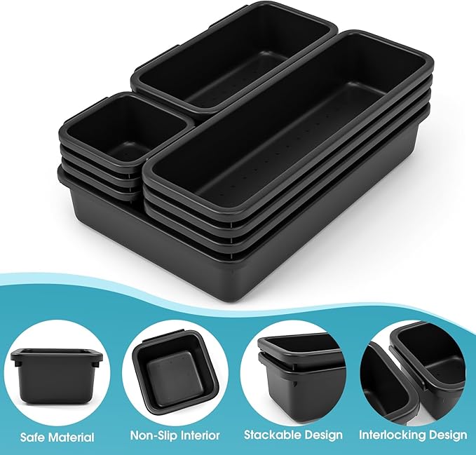10 PCS Drawer Organizer Set, 4 Size Makeup Drawer Divider Organizer With Non-Slip Pads, Interlocking Plastic Storage Bins for Office,Jewelry Vanity,Gadgets, Bathroom,Kitchen, Black