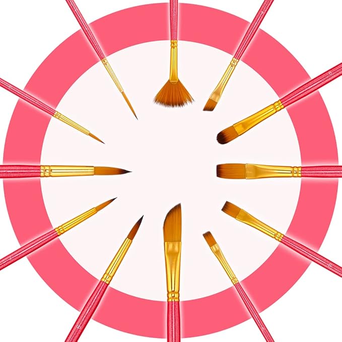 Transon Artist Paint Brush Set of 12 for Acrylic Watercolor Gouache Oil Craft Painting Pink