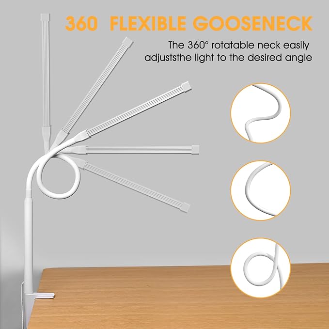 LED Desk lamp with Clamp, Eye-Caring Clip on Lights for Home Office, 3 Modes 10 Brightness, Long Flexible Gooseneck,Metal, Swing Arm Architect Task Table Lamps with USB Adapter, White