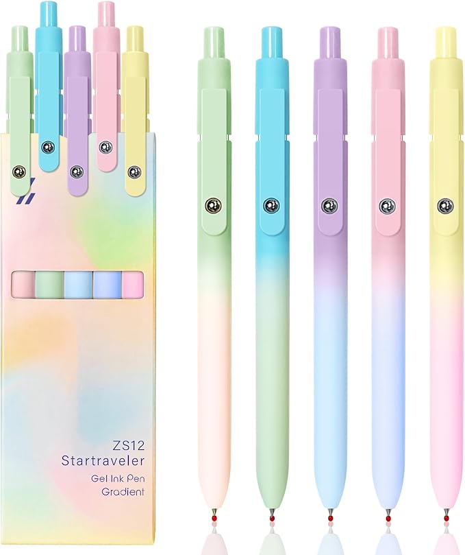 UIXJODO Gel Pens, 5 Pcs Black Ink Pens for Women, 0.7mm Medium Point Smooth Writing Pens with Silicone Grip, High-End Series Metal Clip Retractable Pens for Journaling Note Taking (5 Pcs Pastel)