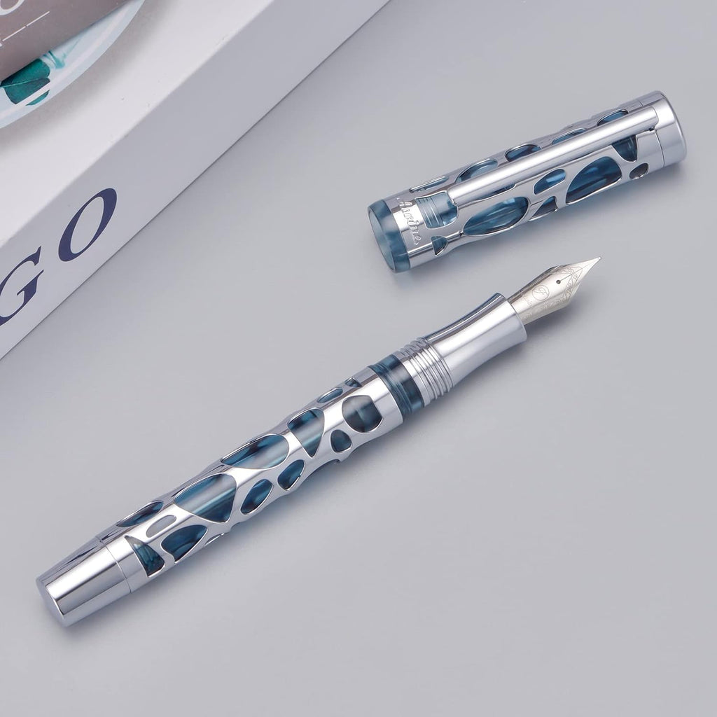 Asvine V169 Vacuum Filling Fountain Pen Fine Nib, Water Drop Skeleton Transparent Gray Blue Acrylic Pen Case Set
