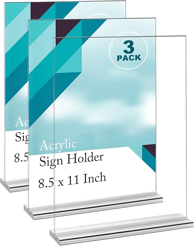 EHWINE 3 Pack Acrylic Sign Holder 8.5 x 11, Double-Sided Stand up Table Top Sign Holders, Clear Acrylic Picture Frame Menu Flyer Paper Holder Display Stand for Office Business Store Wedding Party