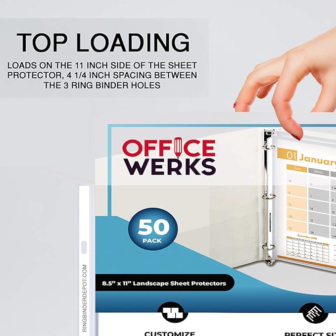 Performore 50 Sheet Protectors, Landscape Clear Page 8.5 X 11 Inch for 3 Ring Binder, Plastic Sheet Sleeves, Top Loading with 3 Hole-Punched Archival Safe, Non-Stick and Long-Lasting