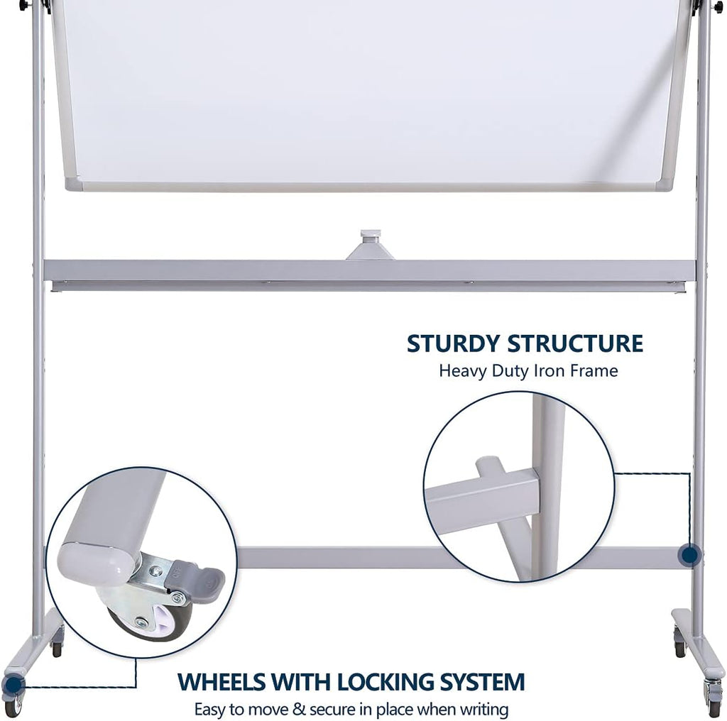 72" x 40" Height-Adjustable Mobile Whiteboard | Double-Sided Magnetic Dry Erase Board on 360° Rolling Stand | Large Reversible Whiteboard for Office, Classroom & Home, Silver