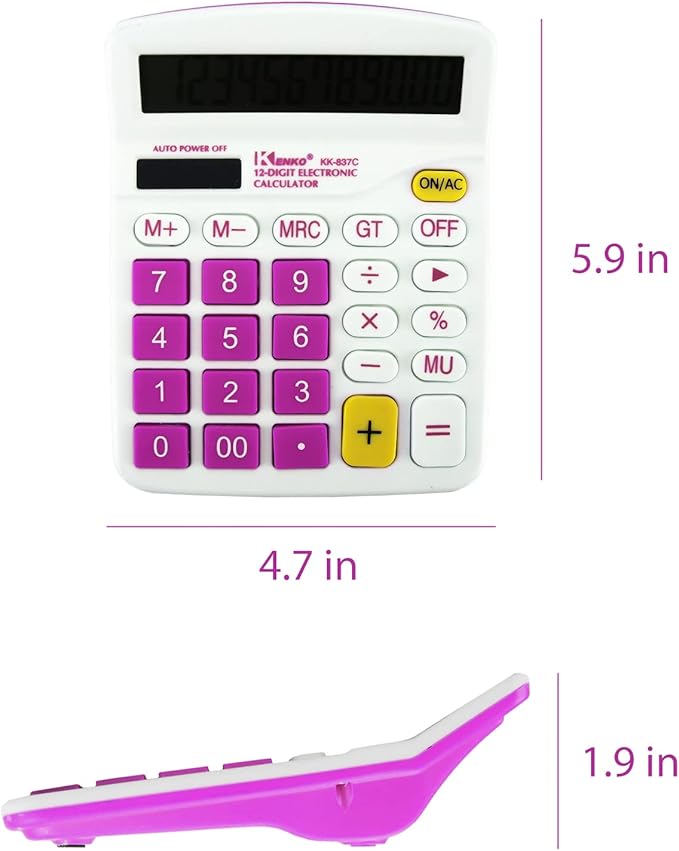 QPEY Calculators, 12-Digit Battery Office Basic Desk Desktop Calculators with Large LCD Display Big Sensitive Button (Pink)