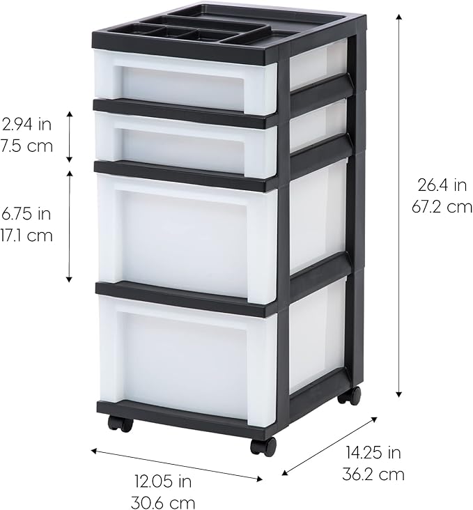 IRIS USA Plastic Drawer Storage Organizer Rolling Cart, with Wheels Casters, 4-Drawers, for Classroom Art Craft Supplies Dresser Closet Bathroom Bedroom, Top Organizer for Small Parts, Black/Pearl