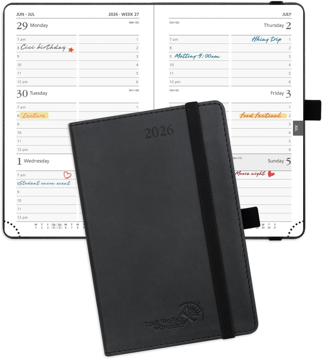 POPRUN Pocket Calendar 2026 (Small Size- 4'' x 6.25") Weekly and Monthly for Purse - Planner 2026 (Jan. 2026 - Dec. 2026) with Vegan Leather Soft Cover, Plastic Ruler, Pen Holder and More - Black