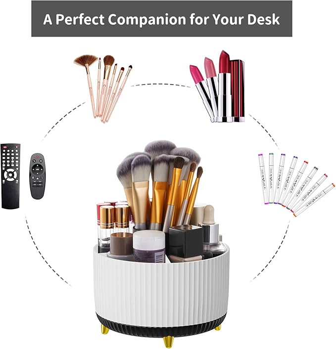 Marbrasse Desk Organizer, 360-Degree Rotating Pen Holder for Desk, Desk Organizers and Accessories with 5 Compartments Pencil Organizer, Art Supply Storage Box Caddy for Office, Home (White+Black)