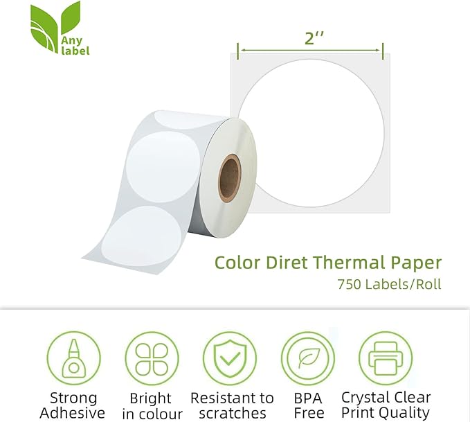 2" White Circle Direct Thermal Labels, Self-Adhesive Round Direct Thermal Stickers, Multi-Purpose Roll Sticker Labels for DIY Logo Brand Design, QR Code, Name Tag(1 Roll, 750 Labels)