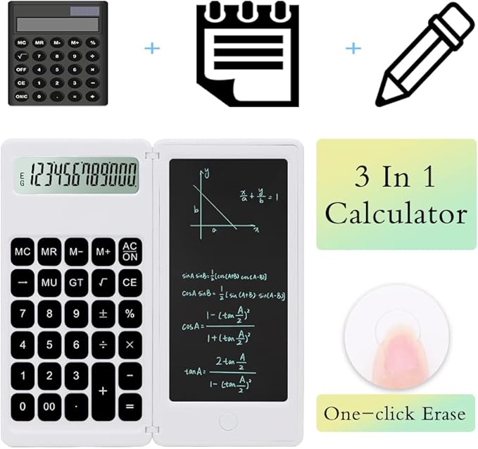 Desk Calculator, Desktop Small Calculator with Writing Notepad, Basic 4-Function Math Large Button Calculator, School Supplies for Kids, Middle/High School Students (White)