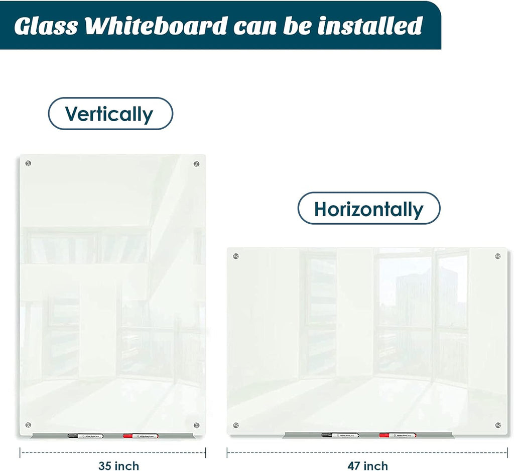 J&J worldwide Glass Whiteboard 47"x35", Magnetic White Board Glass Dry Erase Board Large Frameless Glass White Board for Office, Home & School with Marker Tray & Markers