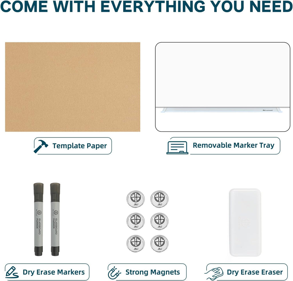 J&J worldwide Glass Whiteboard, Magnetic Brilliance White Glass Dry Erase Board 6' x 4', Includes Markers, Marker Tray, Eraser for Wall, Office, Home, School