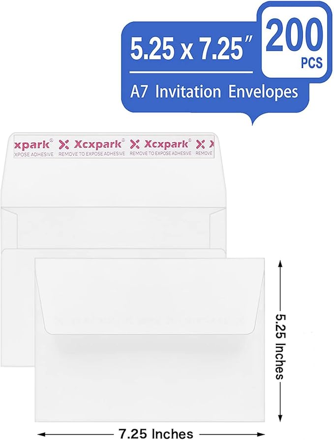 200 Qty Printable A7 Invitation Envelopes 5.25X7.25 inches Cards, Self Seal 120GSM white Paper Envelopes for Invitations, Papers, Photos, Documents, Wedding, Baby Shower, Easy to Seal