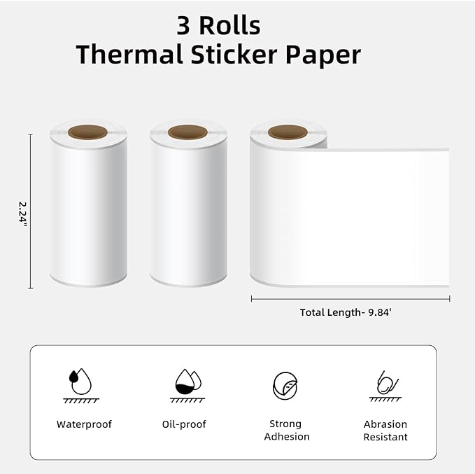 White Self-Adhesive Thermal Paper, Printable Sticker Paper for ORGSTA S002 Portable Sticker Printer, Black on White, 57mm x 3m Mini Printer Paper for Journal, Photo, Study Notes - 3 Rolls
