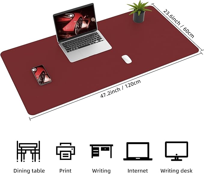 Desk Mat 47" x 23.7" Leather Desk Pad Protector with Natural Cork & PU Leather, Non-Slip Office Desk Mat, Double-Sided Large Mouse Pad, Waterproof Desk Pad for Office&Home (Red)