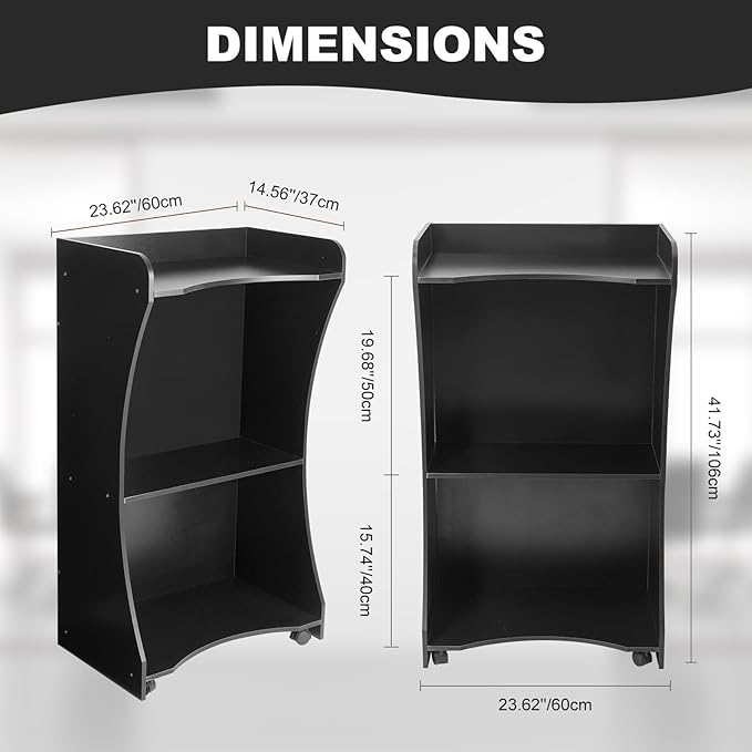 Wooden Podium Stand with Wheels, Versatile Black Lectern for Church Pulpits, Reception Desks, Lectures, Cash Registers