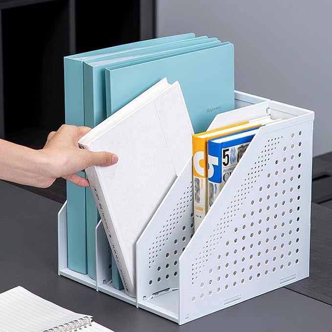 SAYEEC 2Pcs Collapsible Plastic Magazine File Holder Vertical Binder Storage Organizer for Desk Sturdy Upright Desktop Magazine Organizer Folder Rack for Office School Home (3 Compartments, Gray)
