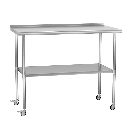 Stainless Steel Table 24 x 48 Inches with 4 Wheels，Metal Prep Table with Backsplash & Adjustable Undershelf for Commercial Kitchen, Outdoor, Restaurant, Hotel & Garage