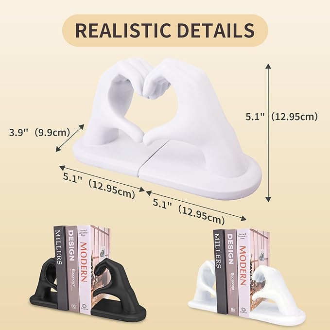 White Decorative Bookends for Shelves, Heart Hands Book Ends Sculpture Aesthetic Decor for Bedroom Living Room Merch Apartment Bookshelf Birthday Women Decorations Stuff Aesthetic