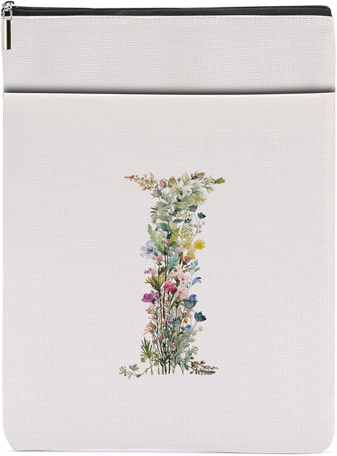 Monogrammed Book Sleeve Floral I Initial Book Pouch Book Accessories Book Lovers Gifts Waterproof Book Cover Book Protector Bookish Gifts Personalized Gifts for Women Girls Readers Bride Friend