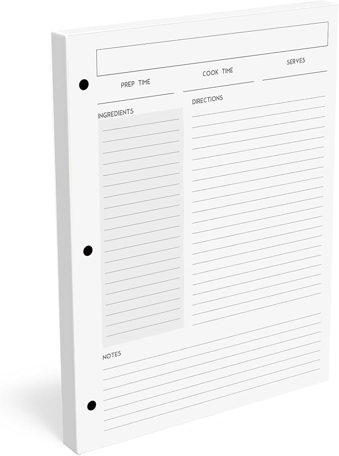 Recipe Card Set, 3-Hole Punched (Set of 30), 8.5 x 11 inch, 200 GSM Insert Card, Letter Size for Saving Recipes