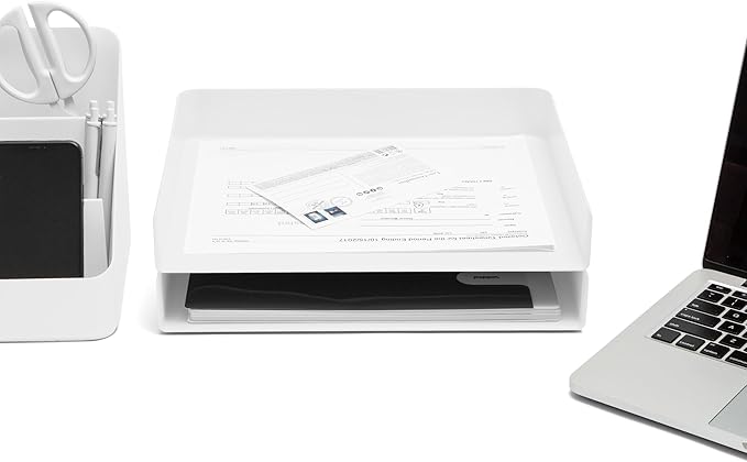 Poppin Stackable Landscape Letter Tray - Modular Lacquer Desk Trays for Office Organization, Color-Coordinated Office Supplies for Desk, Paper Trays (White, Landscape Letter)