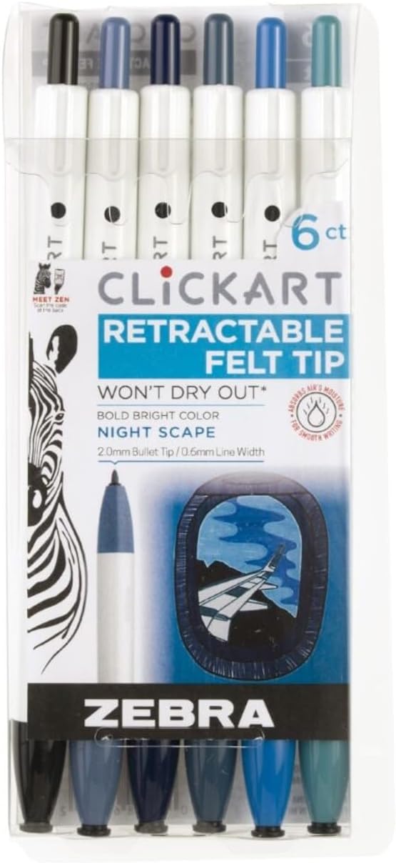 Zebra Pen ClickArt Retractable Marker Pen, 0.6mm, Assorted Night Scape Colors, 6-Pack (69116)