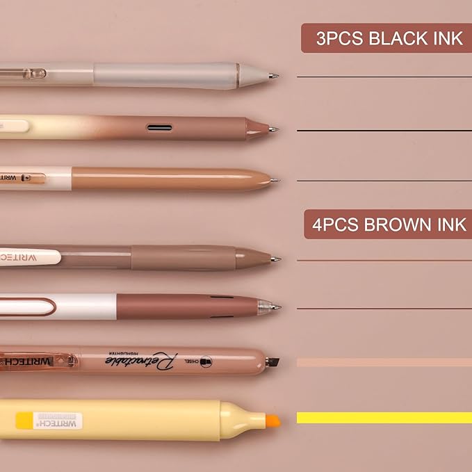 WRITECH Gel Pens Journaling Highlighters: Journal Set Aesthetic Assorted Earth Tones Color Ink 0.5mm Fine Point Retractable 0.7mm Black Pen Smooth Writing Drawing No Bleed 7ct (Brown)